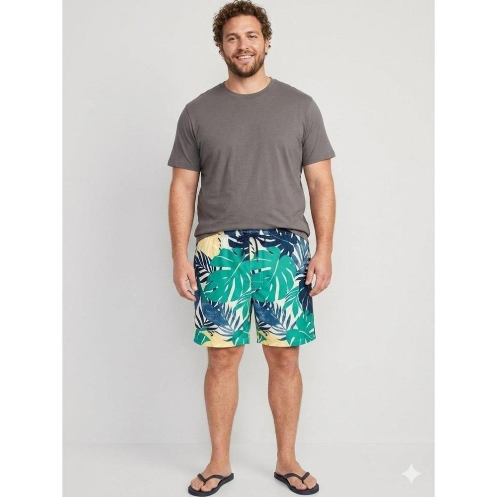 O N Tropical Palm Print Swim Shorts Vacation Blue Navy Monstera Leaf Swim Trunks